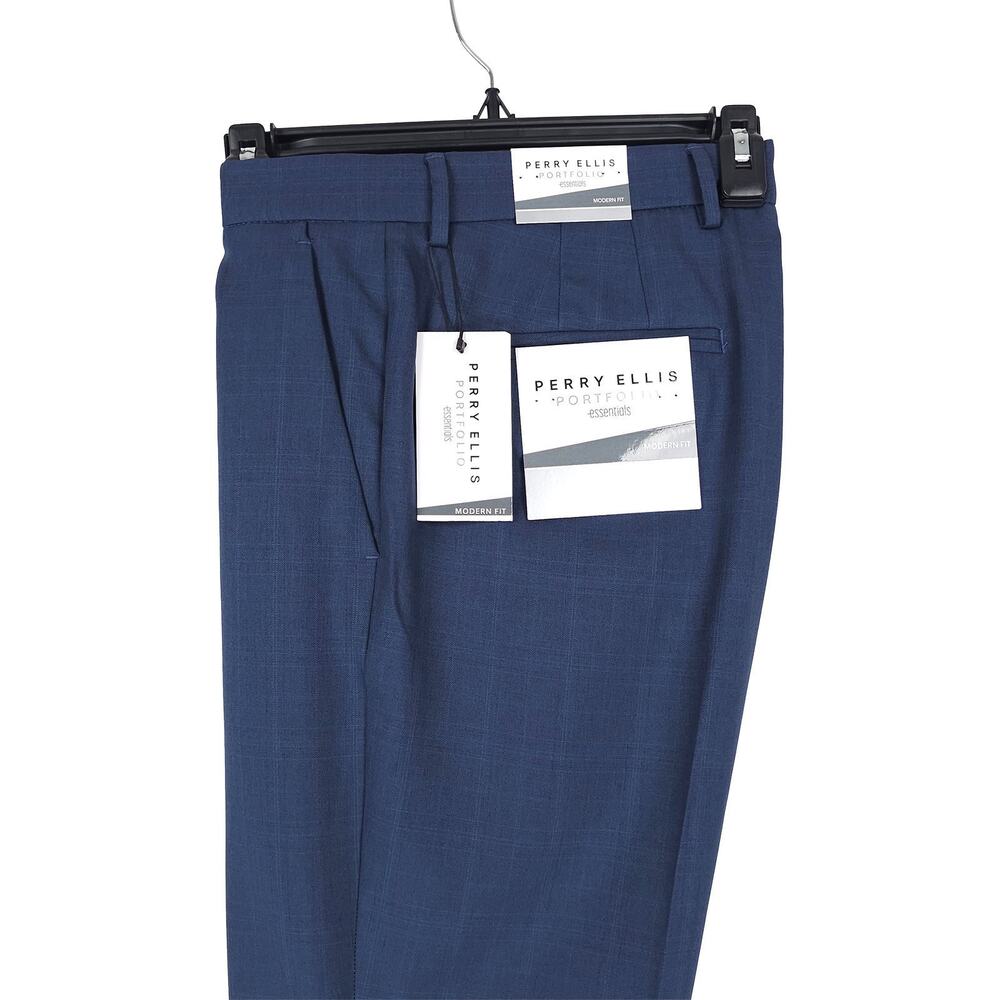 Perry Ellis Portfolio Mens Modern Fit Dress Pant 40x30 Indigo Blue Plaid Stretch